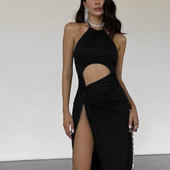 Voguable Sexy Cut Out Backless Halter Split Maxi Dress Elegant Fashion Outfits Sleeveless Women Long Dresses Party Vestido voguable