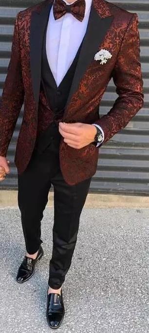 Voguable 2022 New Burgundy Pattern Boy Mens Suits Slim Fit Wedding Grooms Tuxedos Peaked Lapel Formal Blazer Kid Prom Suit (Jacket+Pants） voguable