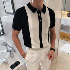 Voguable Vintage Patchwork Knit Slim Polo Shirts Men Fashion 2022 Summer Short Sleeve Polo Shirt Casual Lapel Button Tops Mens Streetwear voguable