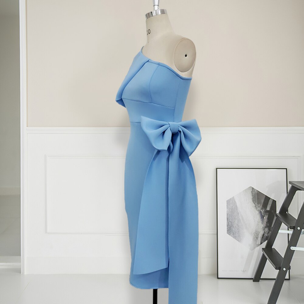 Women Bodycon Dresses One Shoulder with Bowtie Waist Belt Light Blue Dress Elegant Slim Vestido African Event Celebrate Occasion voguable