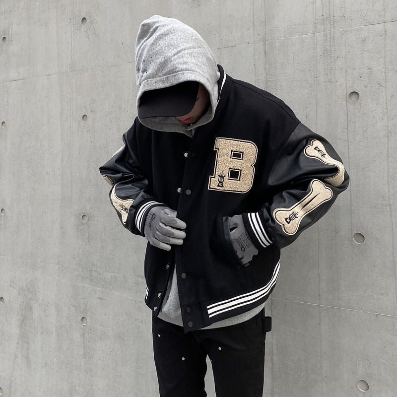 Voguable Hip Hop Furry Bone Patchwork Color Block Jackets Mens Harajuku Streetwear Bomber Jacket Men Baseball Coats Unisex Autumn voguable