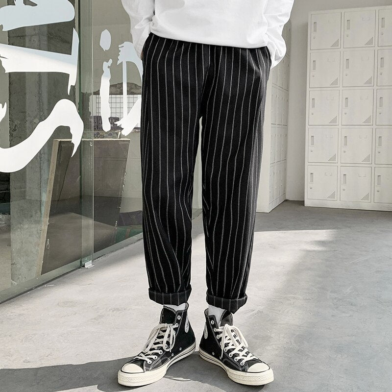 Voguable Korean Striped Harem Pants Men's 2021 Streetwear Man Casual Loose Japanese Men Black Gray Retro Plaid Harajuku Punk Pants voguable