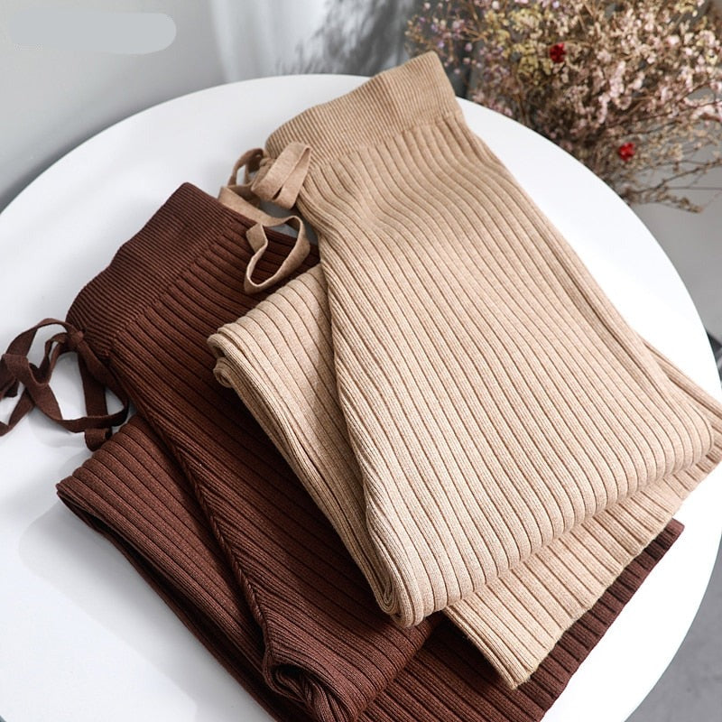 2022 new casual straight pants  women female drawstring loose high waist knitted wide leg pants casual Trousers voguable