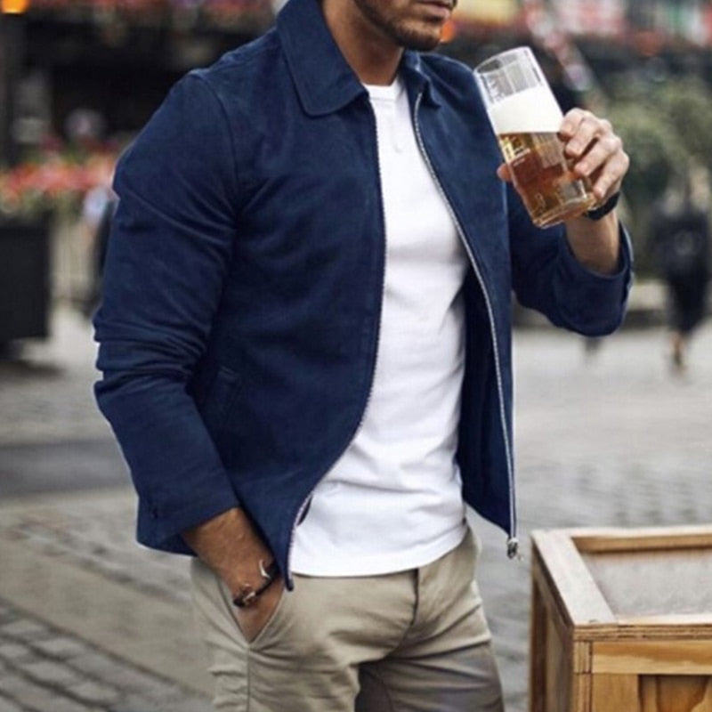 Voguable Autumn Fashion Suede Coats For Men Solid Turn-down Collar Zipper Tops Coats 2021 New Winter Casual Long Sleeve Slim Men Jackets voguable