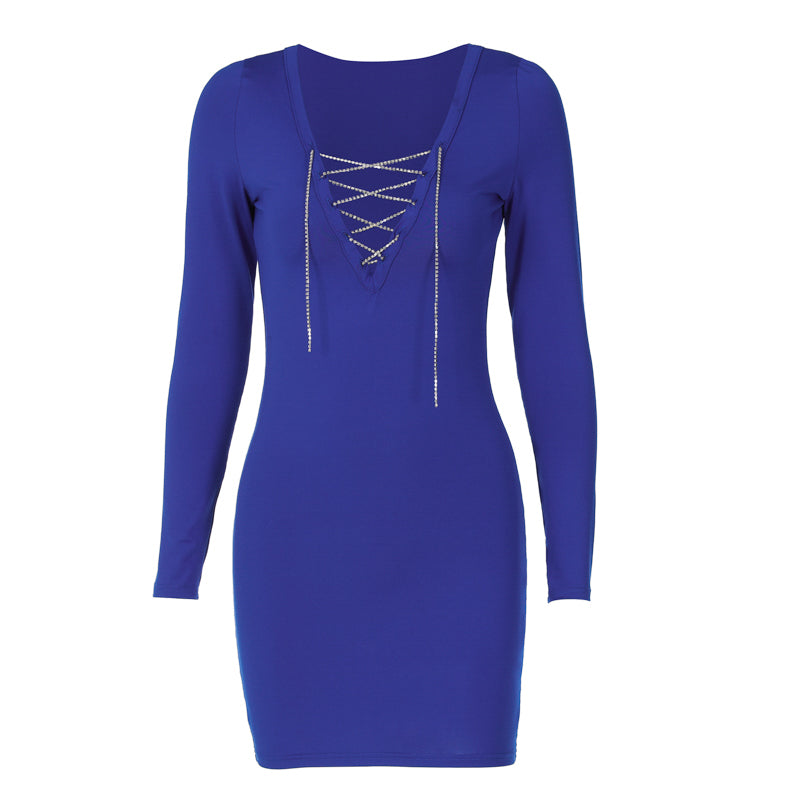 Voguable  Diamond Bandage Pure Color V Neck Skinny Mini Dress 2022 Spring Bodycon Fashion Party Streetwear Concise Y2K voguable