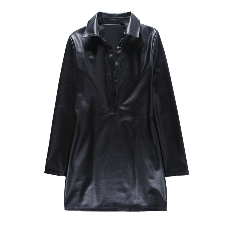 Voguable  2022 Pu Leather Deep V Neck Long Sleeve Loose Mini Dress Autumn Winter Women Fashion Casual Streetwear Outfits Club Y2K voguable