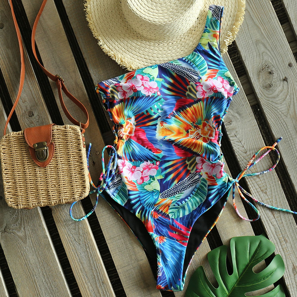 Voguable 2022 Sexy One Piece Swimsuit One Shoulder Bandage Swimsuits Printi Swimwear Women Backless Bathing Suit Beachwear Monokini Swim voguable