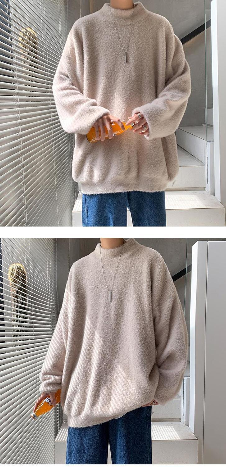 Voguable Autumn and Winter Fleece Men's Sweatshirt Loose Half High Collar Solid Color Trend Korean Wild Warm Lamb Velvet Sweater Men voguable