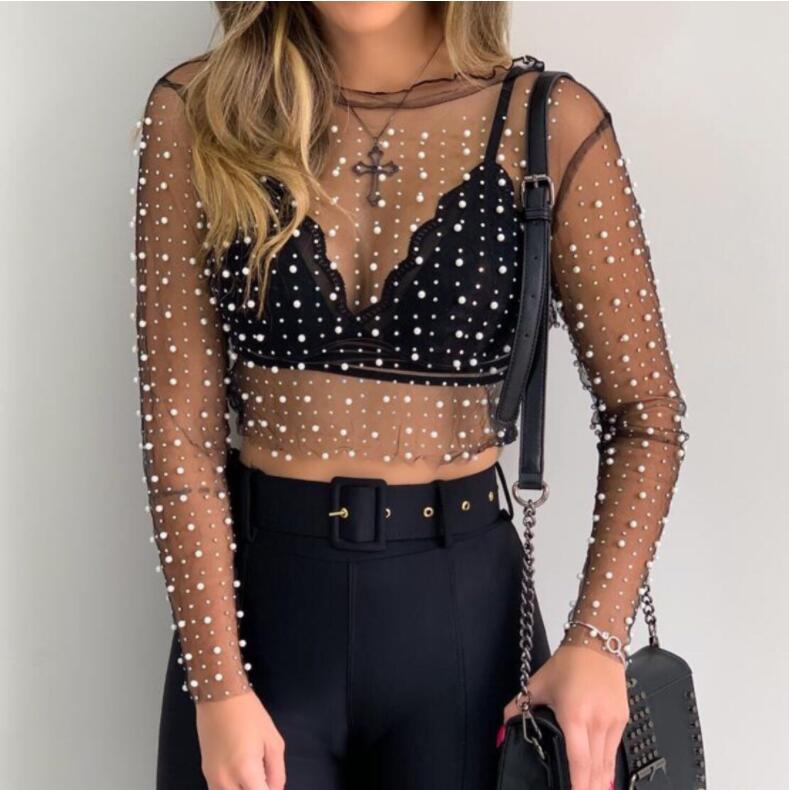 Voguable  Women Transparent O-Neck Long Sleeve Sexy Lace Mesh Shirt Club Party Tops Ladies 2020 Spring Pearl Beading Blouse Blusas voguable