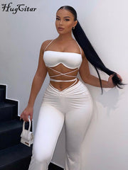 Voguable Solid Women Halter Sleeveless Bandage Ruched Crop Bra High Waist Leggings 2 Piece Set 2021 Autumn Y2K Streetwear Outfit voguable