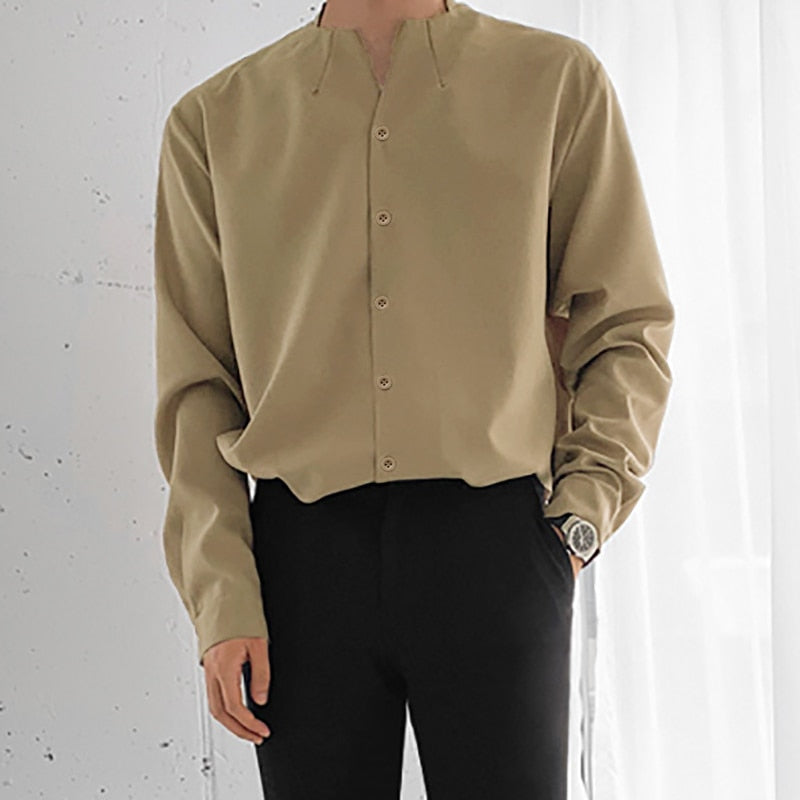 Voguable Fashion Men Brand Shirt Solid Long Sleeve V Neck Chic Button Casual Blouse 2021 Streetwear Korean Style Shirts Camisas voguable