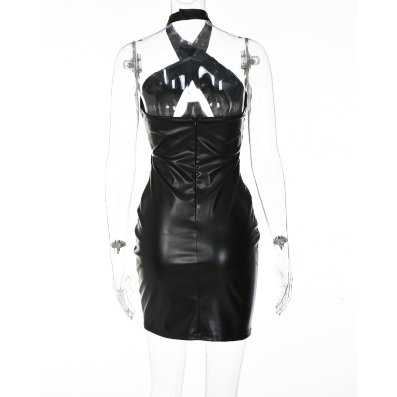Voguable  Pu Leather Faux Halter Hollow Out Slip Sleeveless Mini Dress Solid 2022 Fall Bodycon Evening Party Elegant Vestidos voguable
