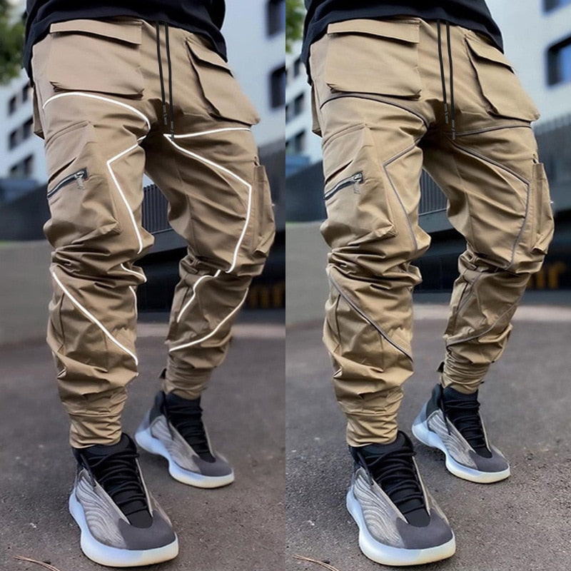 Voguable Mens Casual Cargo Pants Loose Plus Size Striped Multi Pocket Sports Fitness Hip Hop Jogger Trousers voguable