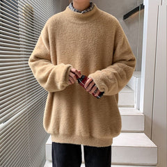 Voguable Autumn and Winter Fleece Men's Sweatshirt Loose Half High Collar Solid Color Trend Korean Wild Warm Lamb Velvet Sweater Men voguable