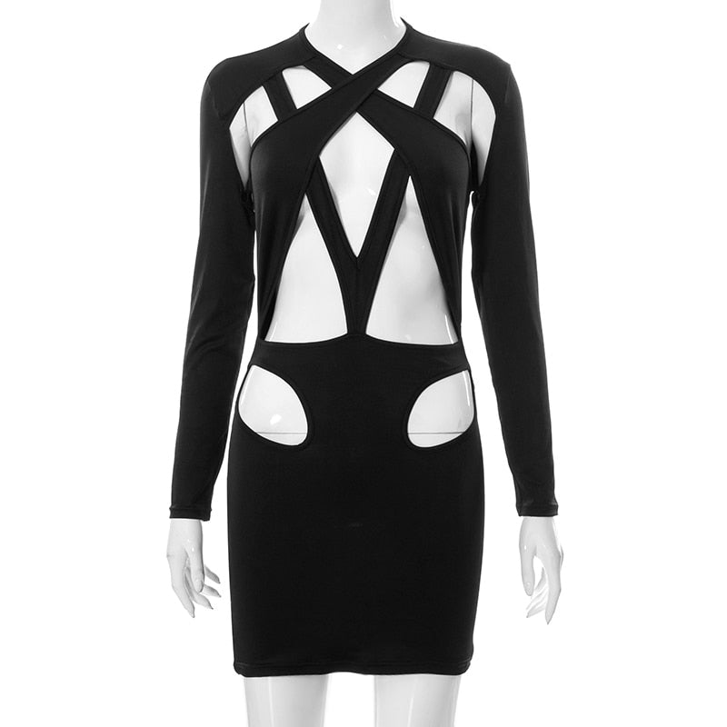 Voguable  Solid Hollow Out Revealing Long Sleeves Sexy Mini Dress 2022 Spring Bodycorn Elegant Party Club Outfits Y2K voguable