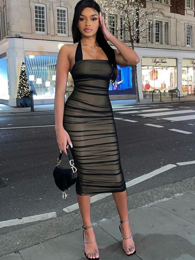 Halter Ruched Mesh Bodycon Club Wear Party Dress Solid Stretchy Sexy Women Outfits Slit Elegant Midi Dress voguable