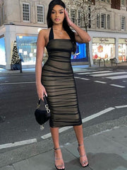 Halter Ruched Mesh Bodycon Club Wear Party Dress Solid Stretchy Sexy Women Outfits Slit Elegant Midi Dress voguable