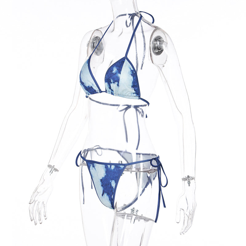Hugcitar 2021 Tie Dye Print Bandage Sleeveless Crop Top Bra Pantied 2 Pieces Set Summer Women Outfits Tracksuit Swimwear voguable