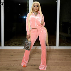 Voguable  Simple Casual 2 Piece Set Women Solid Velour Zipper Long Sleeve Turtleneck Top Lace Bandage Slim Female Wide Leg Pants voguable