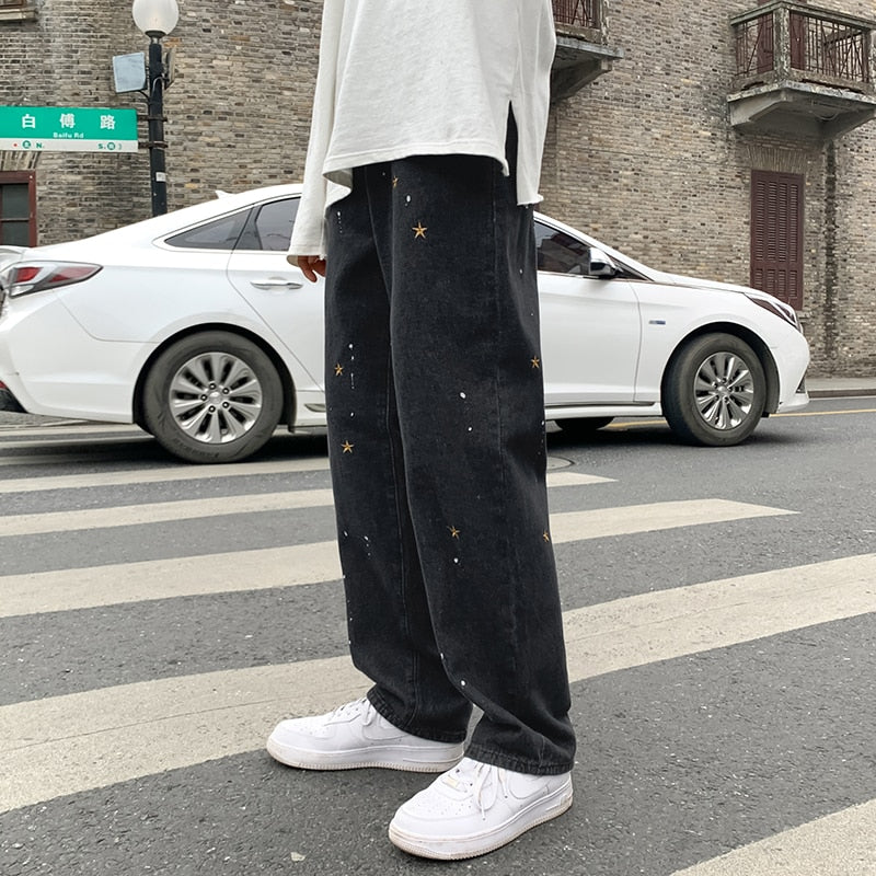 Star embroidery black jeans men's fashion brand straight tube loose hiphop fried Street pants over size wide leg pants 2021 New voguable