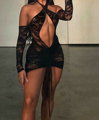 Voguable Lace Up Drawstring Ruched Women Halter Lace Mini Dress 2022 Hollow Out Backless Bodycon Sexy Streetwear See Through voguable