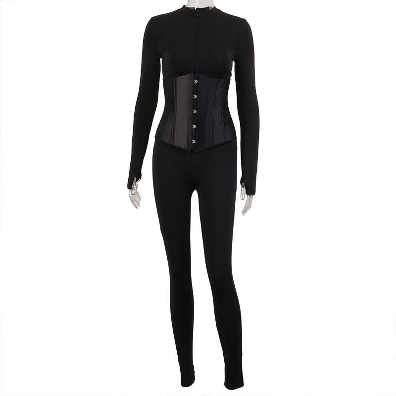 Voguable  2022 Long Sleeve Jumpsuit Bandage Corset 2 Pieces Set Autumn Winter Women Sexy  Zipper Suit Romper Y2K Streetwear voguable