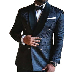 Voguable Double Breasted floral Men Suits for Wedding Slim Fit Navy Blue Groom Tuxedos 2 Piece Set Jacket with Pants Male Fashoin Clothes voguable
