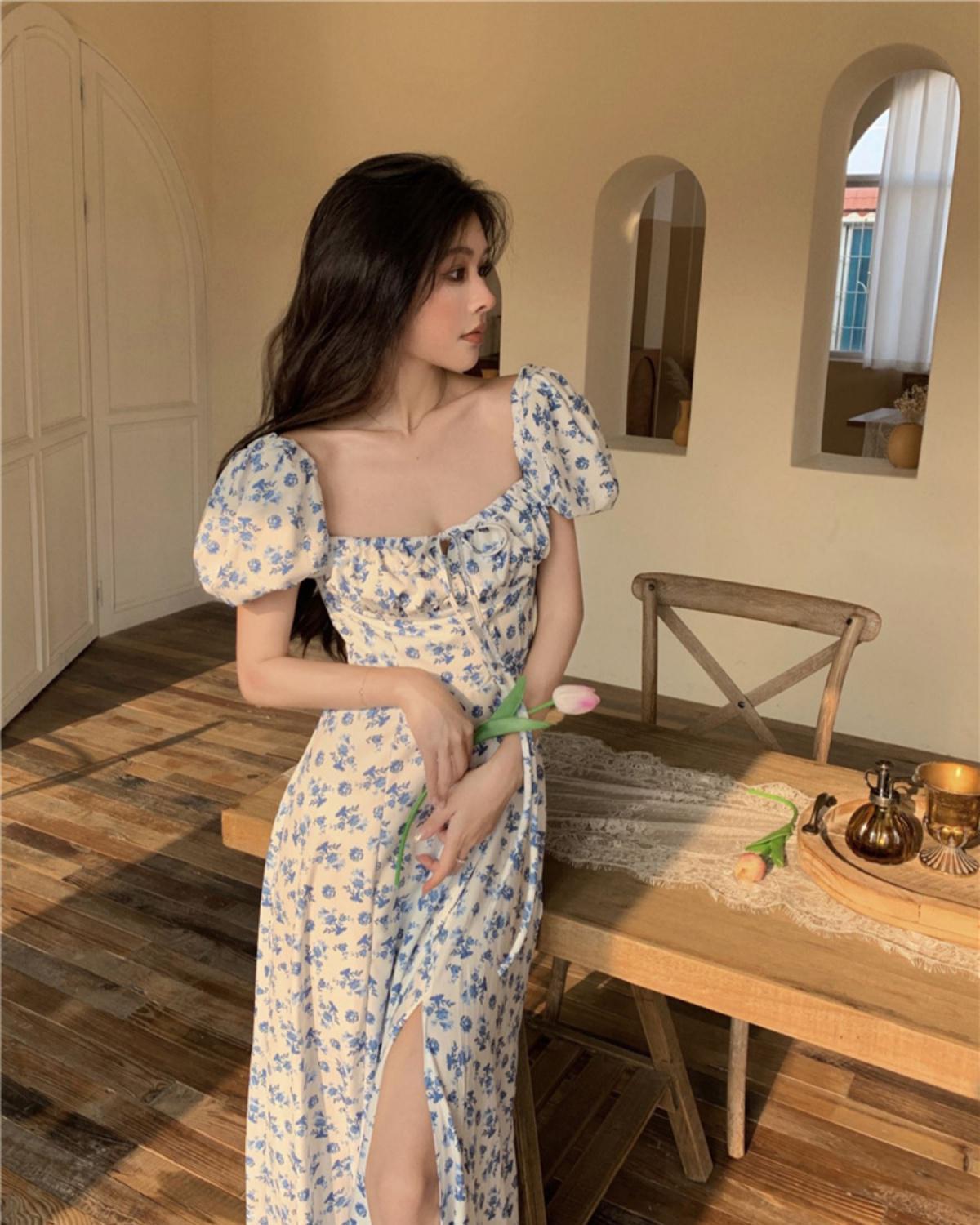 Voguable  2022 Dresses Women Side-slit French Style Print Leisure Puff Sleeve All-match Sexy Ladies Vestidos Vintage College Birthday Party New voguable