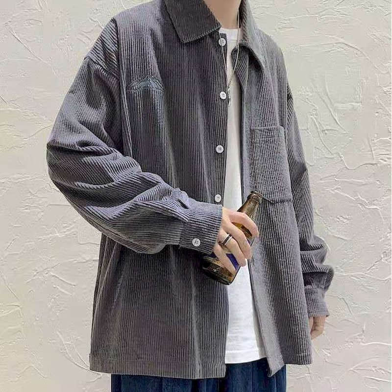 Voguable Men's shirt casual Korean ruffian handsome corduroy jacket trend Harajuku all-match Hong Kong style autumn long-sleeved shirt voguable