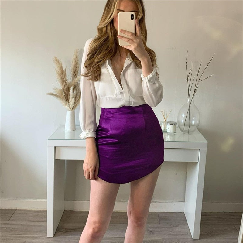 Voguable Women Skirts  Summer Fashion Silk Satin High-Waisted Skirt Woman Sexy Party Bag Hip Side zipper Mini Skirt Female voguable