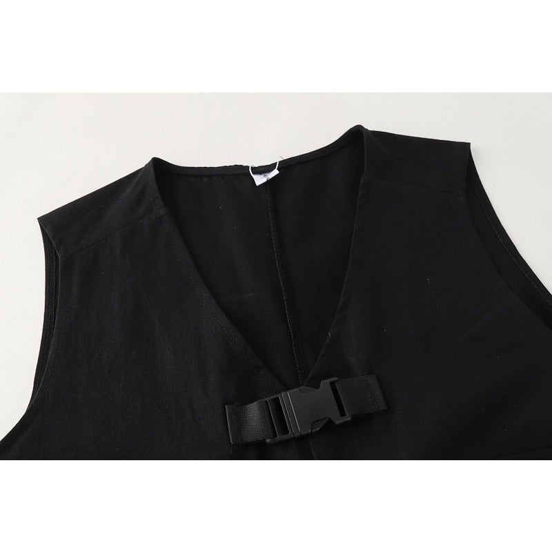 Voguable 2022 Spring Autumn Women's Two-Piece Sets Streetwear Fashion Tooling Style Vest And Solid Loose Long Sleeve Shirts Female Suit voguable