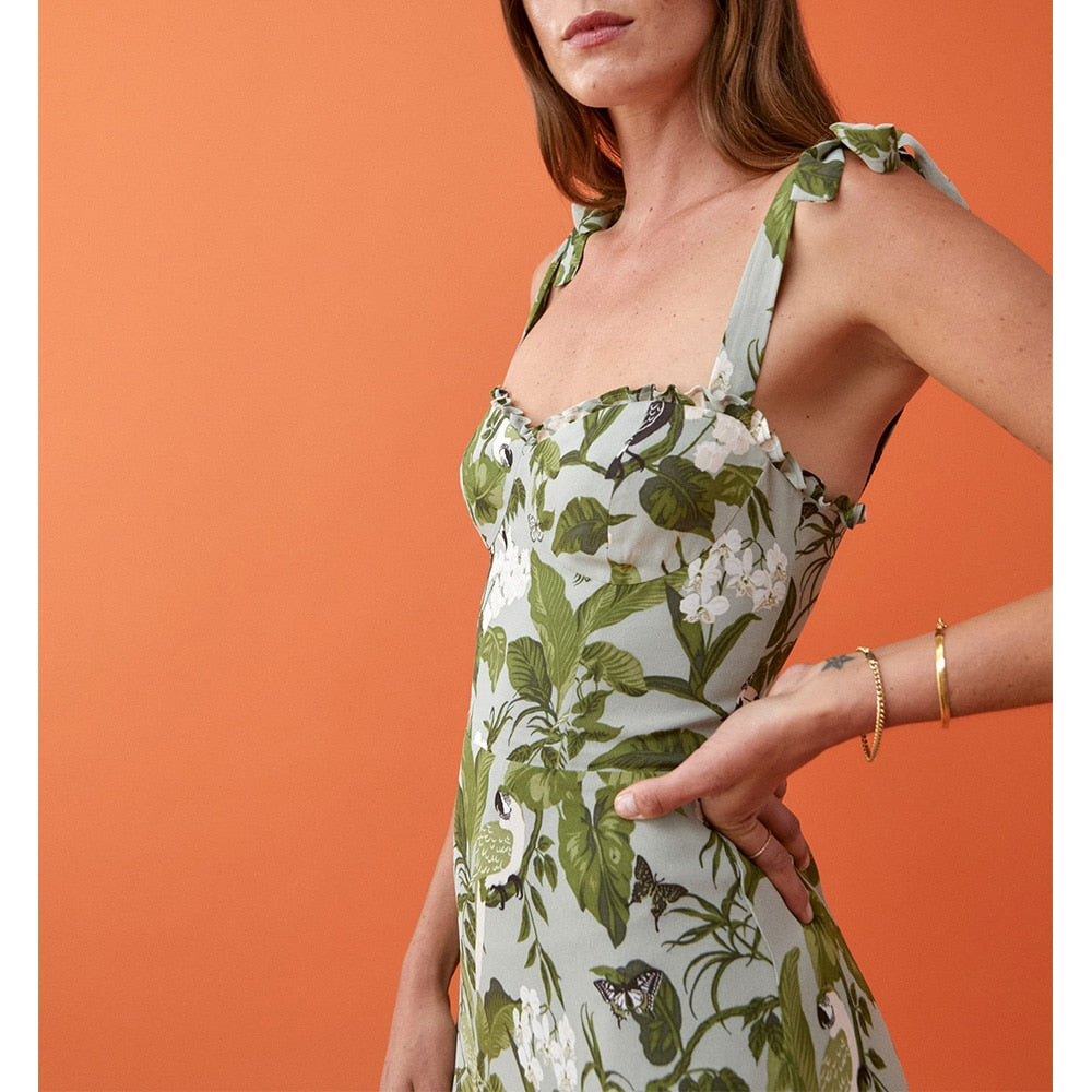Dresses For Women Party Elegant Ruffle Hem Beach Summer Dress Sweetheart Neck Tie Strap Tropical Print Chiffon Midi Dress voguable