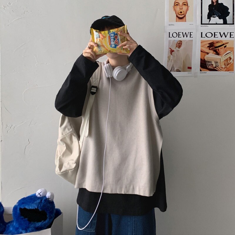 Voguable Autumn Korean Sweater Vest Men's Fashion Casual O-neck Knitted Pullover Men Clothes Streetwear Loose Mens Vest Knitting Sweaters voguable