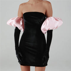 Voguable Solid Strapless Tube Off Shoulder Puff Sleeves Mini Dress Bodycon Sexy Party Elegant 2021 Fall Winter Festival voguable