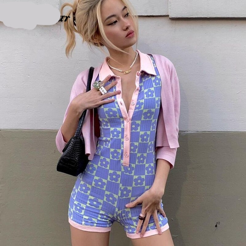 Voguable  2022 Long Sleeves Regular Print Polo-Neck Single Breasted Playsuit Summer Women Fashion Preppy Style spring Outfits Y2K voguable