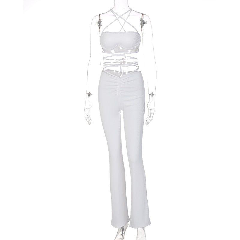 Voguable Solid Women Halter Sleeveless Bandage Ruched Crop Bra High Waist Leggings 2 Piece Set 2021 Autumn Y2K Streetwear Outfit voguable