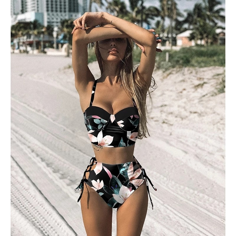 Voguable High Waist Bikini Set 2022 mujer Push Up Bandage Bikini Swimwear Women Floral Two Pieces Swimsuit Strappy biquinitraje de baño voguable