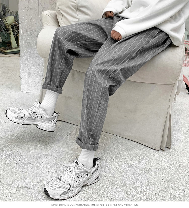Voguable Korean Striped Harem Pants Men's 2021 Streetwear Man Casual Loose Japanese Men Black Gray Retro Plaid Harajuku Punk Pants voguable