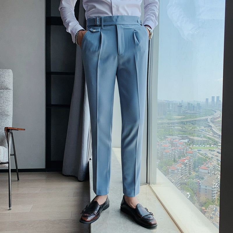 Voguable 2022 New Design Men High Waist Trousers Solid England Business Casual Suit Pants Belt Straight Slim Fit Bottoms White Clothing voguable