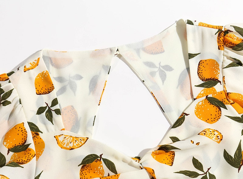 Women Dresses Summer Flutter Sleeve Lemon Print Mini Beach Dress Sweetheart Neck Twist Back Cut Out Fit Flare Short Dress voguable