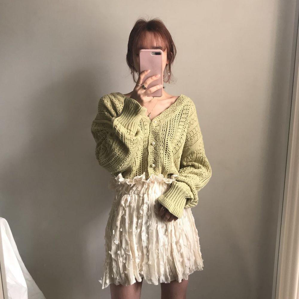 Voguable  Cropped Cardigan Women Spring Chic Hollow Out Elegant V-Neck Korean Vintage Femme Jumper White Sweet Girls Pearls Lady Knitwear voguable