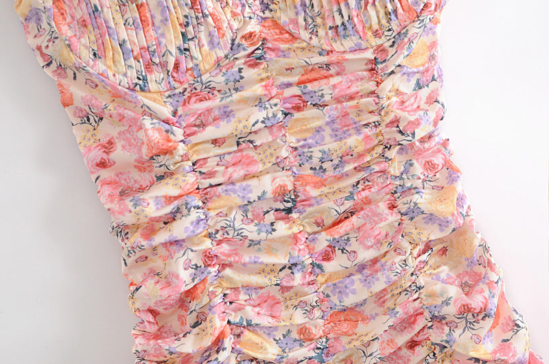 Voguable  Sweet Floral Print Sling Sexy Dress Women Chic Lace Trim V Neck Sleeveless Draped  Bodycon Mini Dress Party Robe Femme voguable