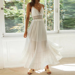 White Cotton Spaghetti Strap Maxi Dress Sexy Deep V-neck Backless Summer Women Beach Dress Casual Stitching Ruffle Dress voguable