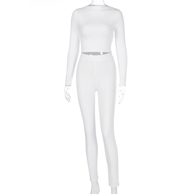 Voguable Long Sleeve Sexy Crop Tops Leggings 2 Pieces Set Summer Women Streetwear Outfits Pure Tracksuit Joggings Suit voguable