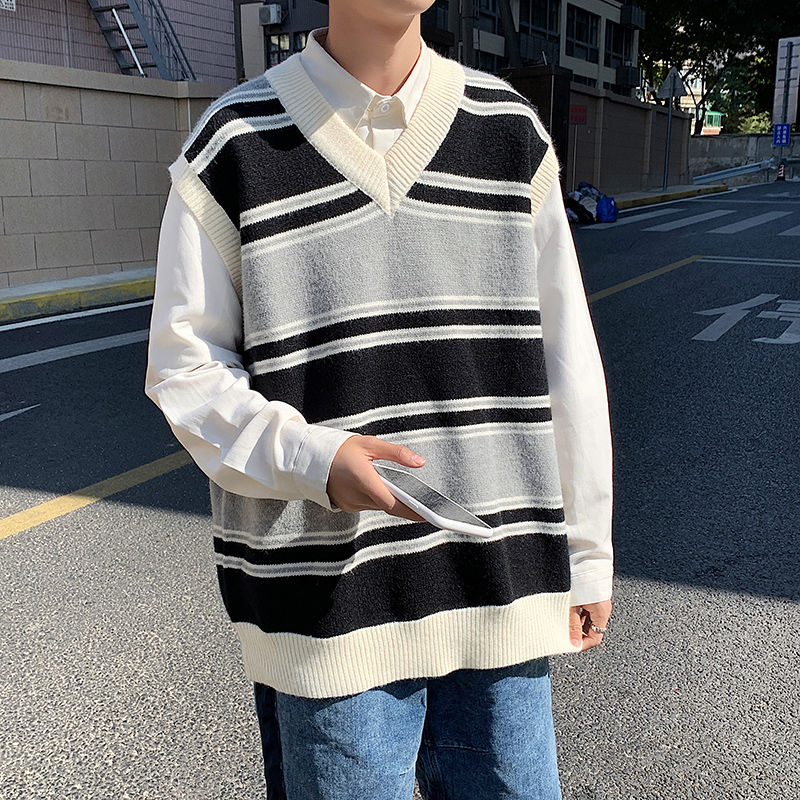 Voguable Sweater Vest Men's Fashion Retro Casual V-neck Sweater Vest Men Streetwear Korean Loose Vest Sweater Pullover Mens Clothes M-2XL voguable