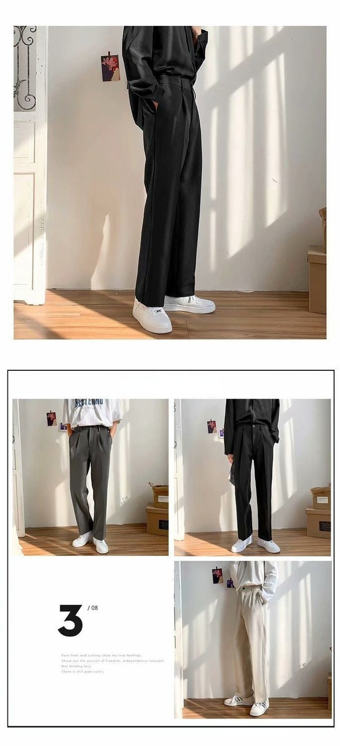 Voguable Ice Silk Men Suit Pants Loose Loose Drape Straight Leg Trousers for Men Thin Wide-leg Casual Ninth Pants Japanese Streetwear voguable