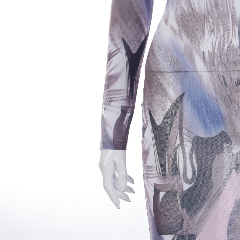 Voguable  2022 Long Sleeve Turtleneck Y2K Print Mesh Skinny Maxi Dress Spring Summer Women Fashion Streetwear Casual Clothing voguable