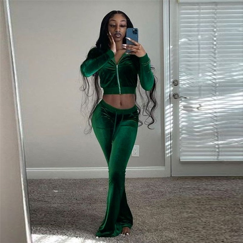 Voguable  Simple Casual 2 Piece Set Women Solid Velour Zipper Long Sleeve Turtleneck Top Lace Bandage Slim Female Wide Leg Pants voguable