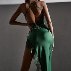 Voguable  Satin Solid Halter Bandage Backless Lace Sexy Irregular Maxi Dress 2022 Spring Sexy Evening Party Elegant Robe voguable