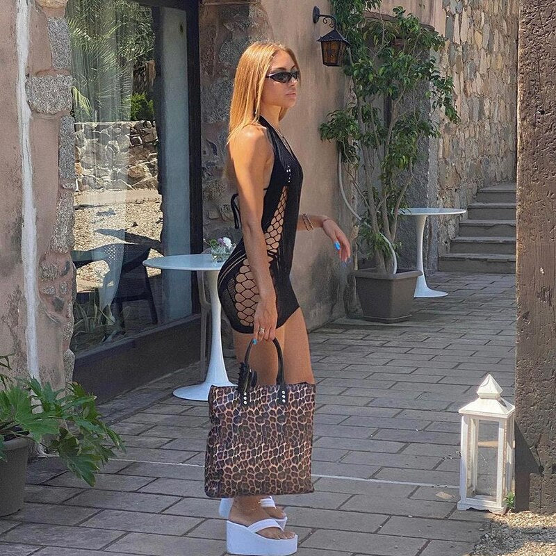 Voguable spring outfits 2022   Solid Halter Sleeveless Backless Mesh Hollow Out Mini Dress 2021 Summer Fall Bodycon Sexy Party Club Elegant Y2K voguable